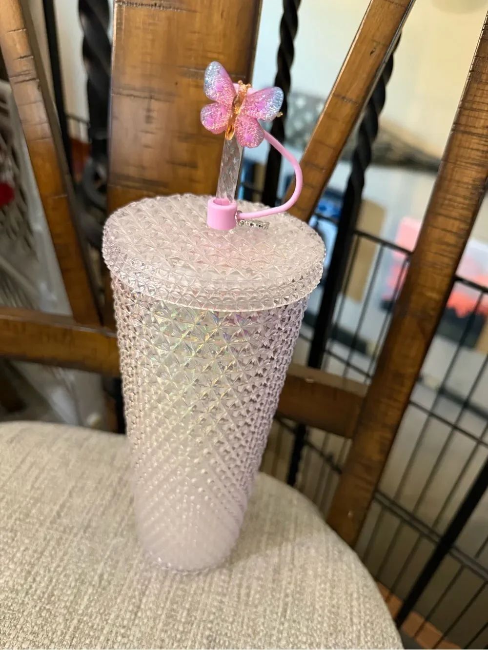 Slightly Iridescent Textured Tumbler with Butterfly Straw Top